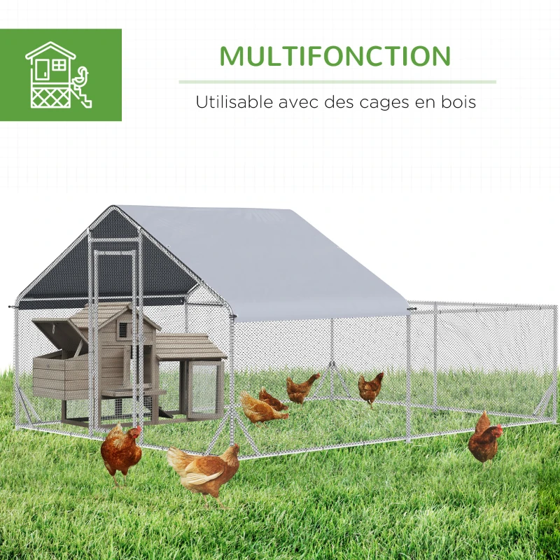 PawHut Enclos poulailler chenil volière extérieur 12 m² - parc grillagé dim. 4L x 3l x 2H m - espace couvert - acier galvanisé