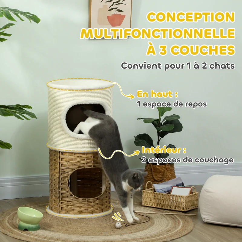 PawHut Niche pour chat d'intérieur à 3 niveaux, tour pour chat avec griffoir en sisal à griffer Ø 40 x 80 cm, crème