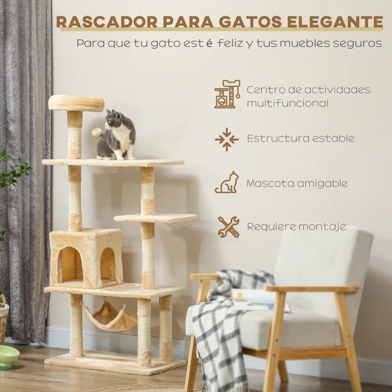 PawHut Árbol Rascador para Gatos Grande 70x40x152 cm Torre para Gatos con Múltiples Plataformas Cueva Hamaca Postes Beige