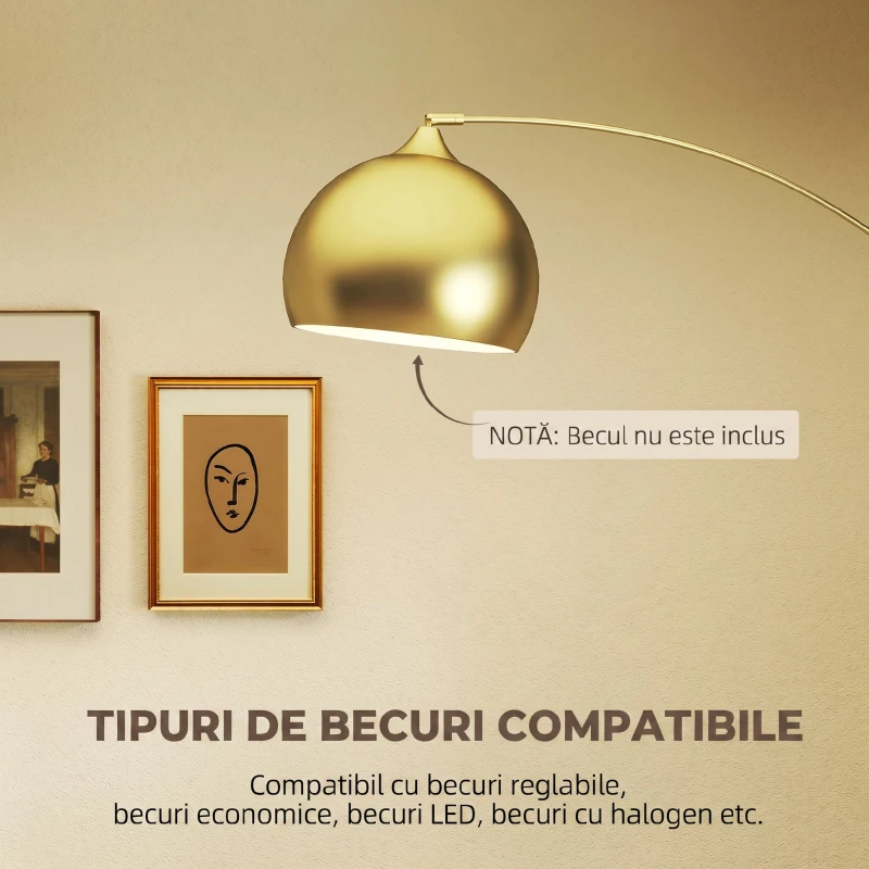 HOMCOM Lampadar modern arcuit cu tijă reglabilă și întrerupător cu pedală, dulie E27, auriu