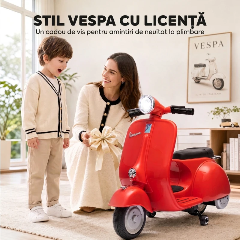 AIYAPLAY Motocicletă Electrică pentru Copii 3+ Ani, licență VESPA, 6V, cu roți ajutătoare detașabile, max. 30 kg, Roșu