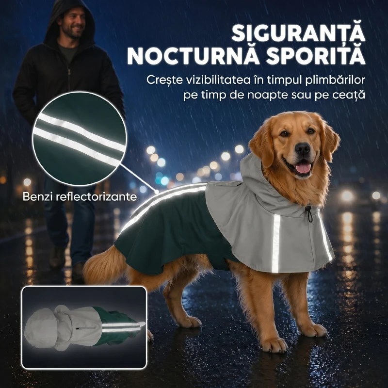 PawHut Impermeabil pentru Câini cu Glugă Orificiu pentru Lesă și Benzi Reflectorizante, pentru Câini Talie Mare, Verde