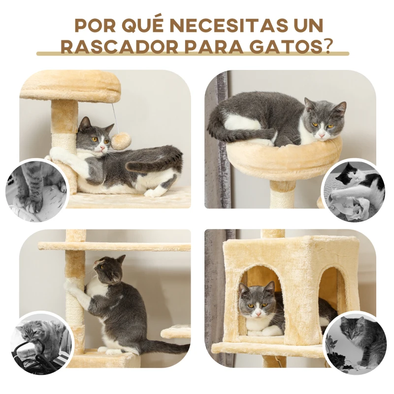 PawHut Árbol Rascador para Gatos Grande 70x40x152 cm Torre para Gatos con Múltiples Plataformas Cueva Hamaca Postes Beige