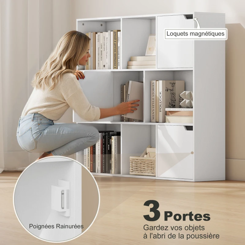 HOMCOM Bibliothèque étagère de rangement 9 cubes avec 3 portes et 6 compartiments ouverts, 106 x 24 x 95 cm, blanc