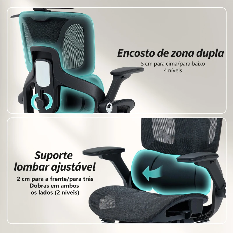 HOMCOM Cadeira de Escritório com Encosto Reclinável e Alto Suporte Lombar Transpirável Apoios de Braço 4D e Encosto de Cabeça Ajustável 67x74x113-132 cm Preto