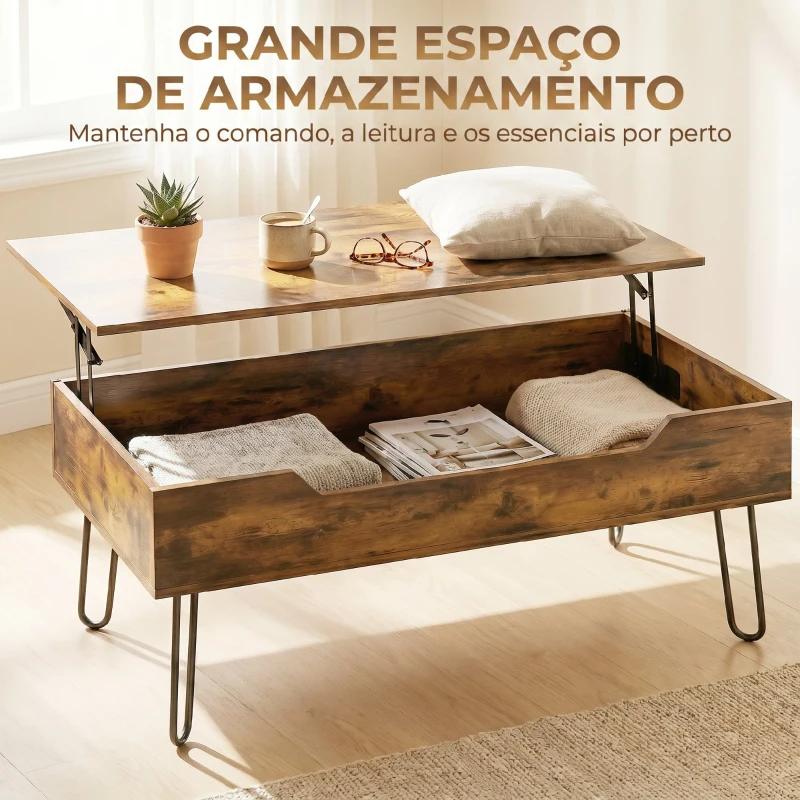 HOMCOM Mesa de Centro com Tampo Elevatório e Compartimento Oculto Pés de Aço 95x50x40 cm Castanho Rústico