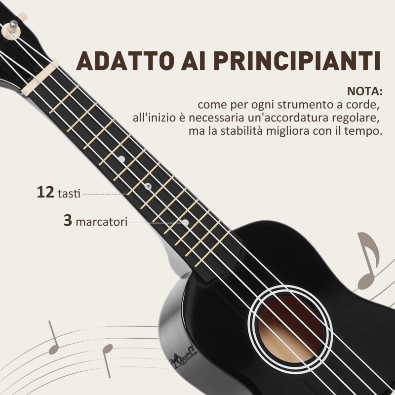 HOMCOM Ukulele per Principianti da 21 Pollici in Legno con Corde in Nylon, Plettro e Corda di Ricambio, Nero