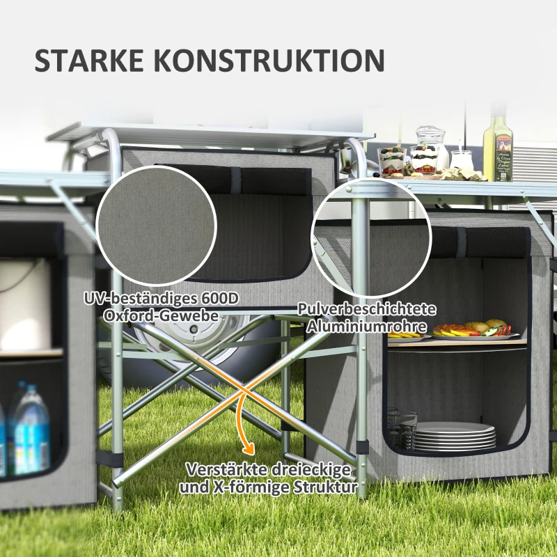 Outsunny Campingküche, klappbar, Windschutz, 3 Stofffächer, Aluminiumrahmen, 172x48x130cm, Grau/Silber