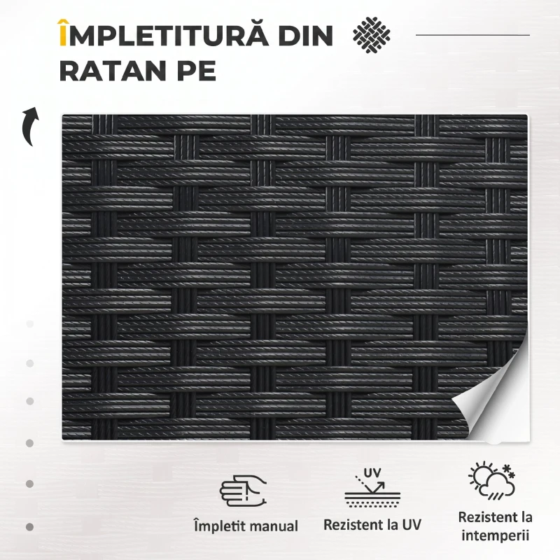 Outsunny Set Exterior Rattan PE cu Canapea, 2 Fotolii cu Perne și Măsuță din Sticlă, Negru și Gri