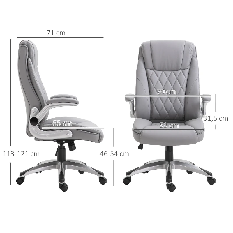 Vinsetto Bürostuhl Ergonomischer Drehstuhl Computerstuhl mit Wippfunktion höhenverstellbar mit Kopfstütze und gepolsterte Armlehnen Kunstleder Grau 70 x 71 x 113–121 cm