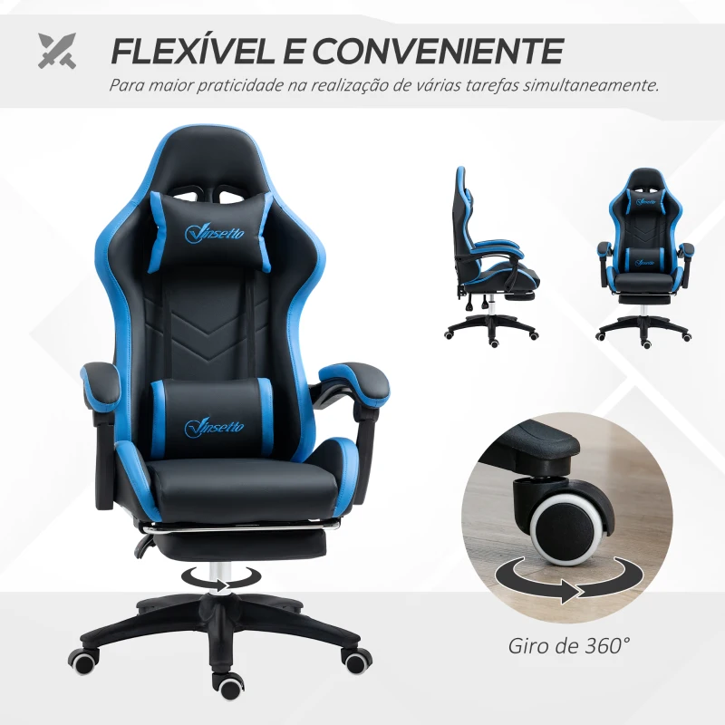 Vinsetto Cadeira Gaming Cadeira Gamer de Pele PU Reclinável 135° Apoio para a Cabeça e Apoio para os Pés 65x65x121-129 cm Preto e Azul