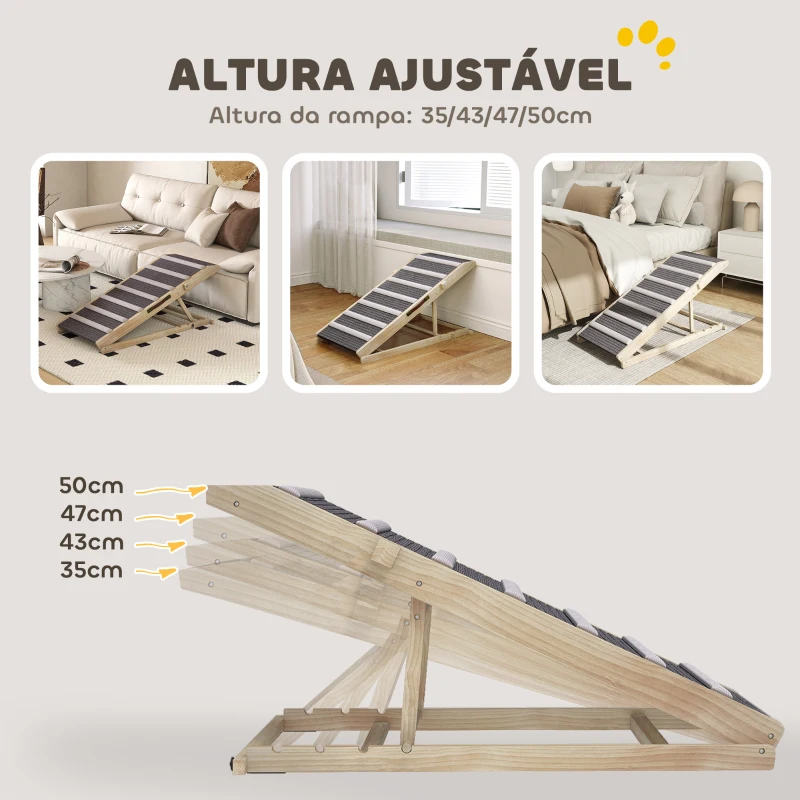 PawHut Rampa Dobrável para Cães com Altura Ajustável 35-50 cm e Tapete Antiderrapante 100x50x50 cm Madeira e Cinza