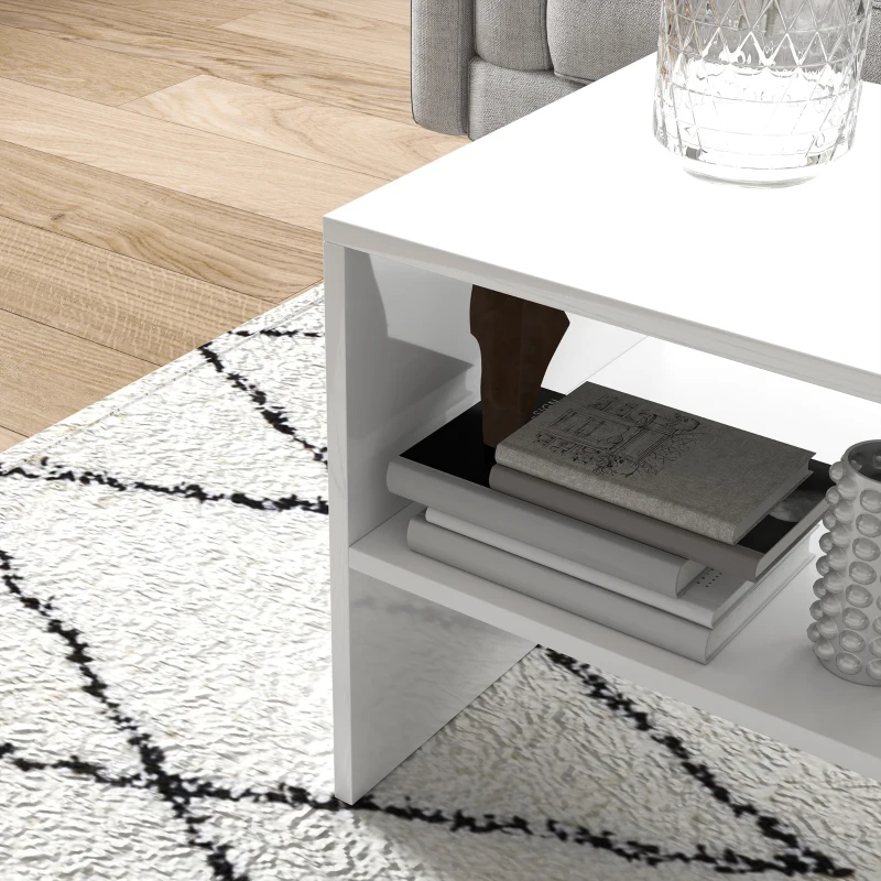 HOMCOM Mesa de Centro Mesa Auxiliar com Compartimento Aberto Mesa de Café para Sala de Estar 100x40x41,5 cm Branco Brilhante