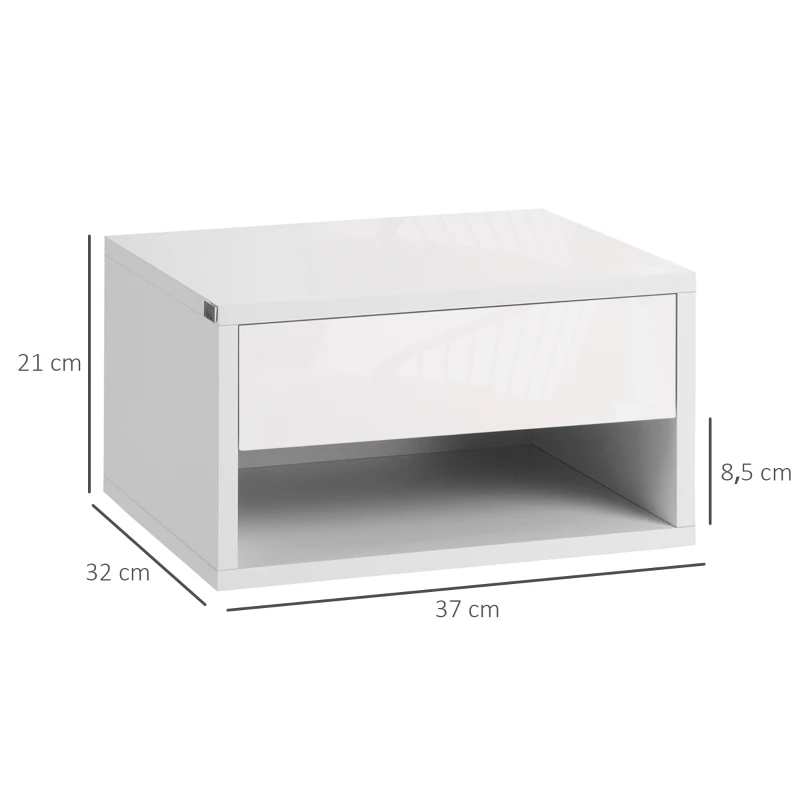 HOMCOM Lot de 2 tables de chevet murales, tables de nuit, tiroir, compartiment ouvert, plateau, 37 x 32 x 21 cm, blanc