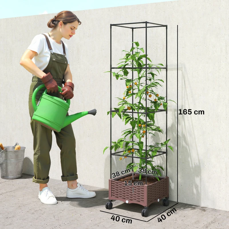 Outsunny Floreira com Treliça e Rodas com Drenagem para Cultivo de Vegetais Flores e Ervas Aromáticas 40x40x165 cm Castanho