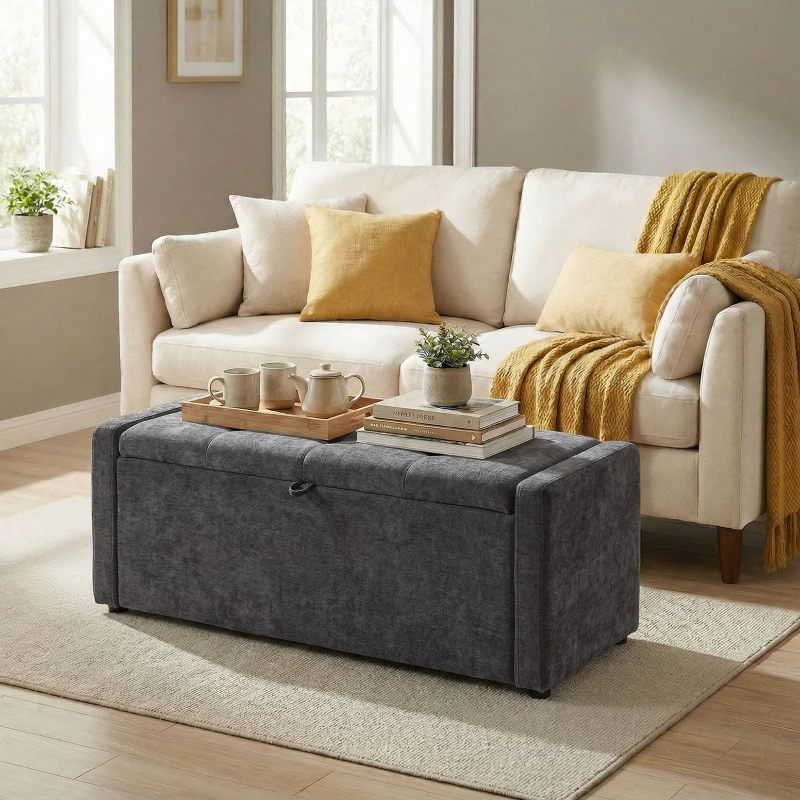 HOMCOM Banc de rangement, bout de lit, repose-pieds rembourré en lin avec assise large, 122 x 48 x 44 cm, gris foncé