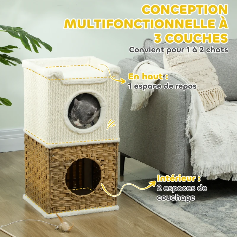 PawHut Niche pour chat d'intérieur à 3 niveaux, tour pour chat avec griffoir en sisal à griffer 41 x 41 x 75,5 cm, crème