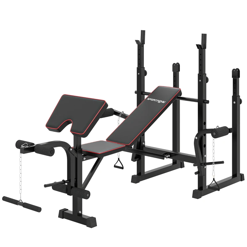 SPORTNOW Banco de Musculação Dobrável Banco Multifunções com Suportes para Barras e Encosto Ajustável para Treino Completo de Corpo Preto