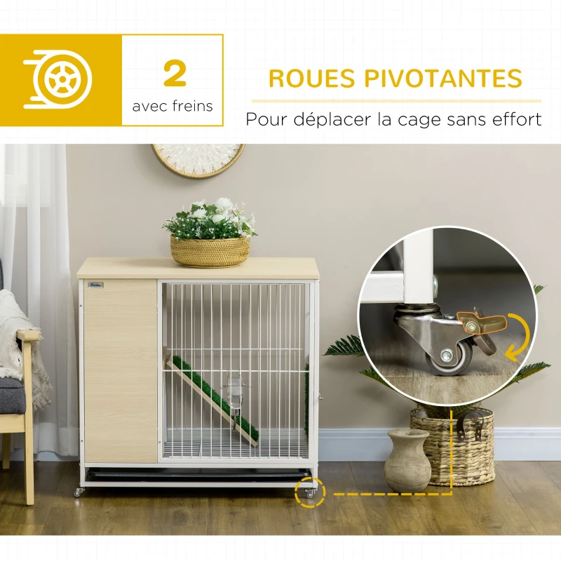 PawHut Cage à lapin clapier sur roulettes toit ouvrant plates-formes avec plateau amovible 78 x 52,5 x 76,5 cm naturel