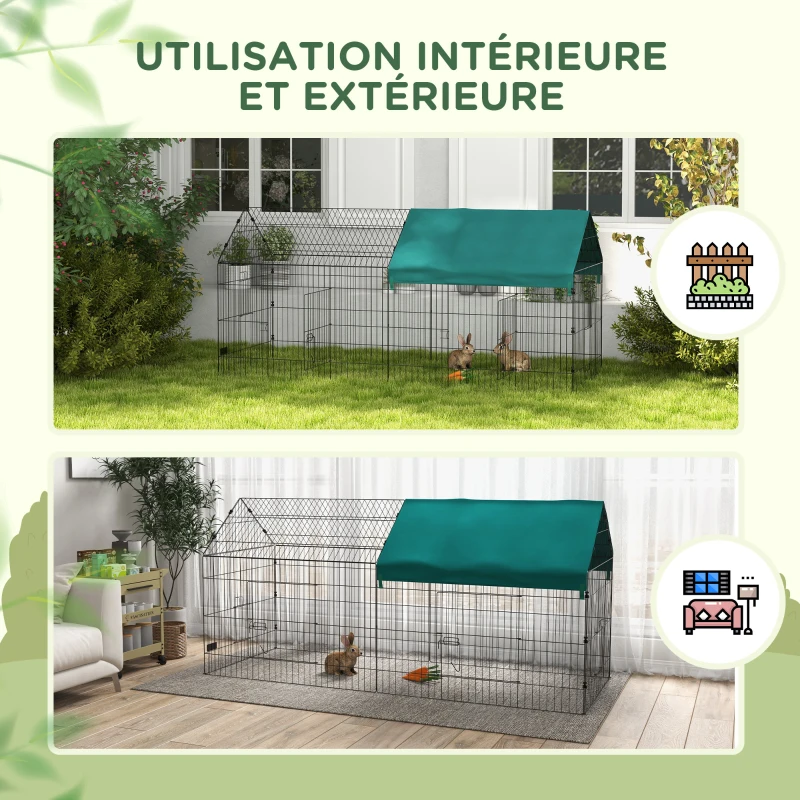 PawHut Parc enclos modulable acier avec bache pour lapins rongeurs petits animaux intérieur extérieur 220L x 85l x 103H cm