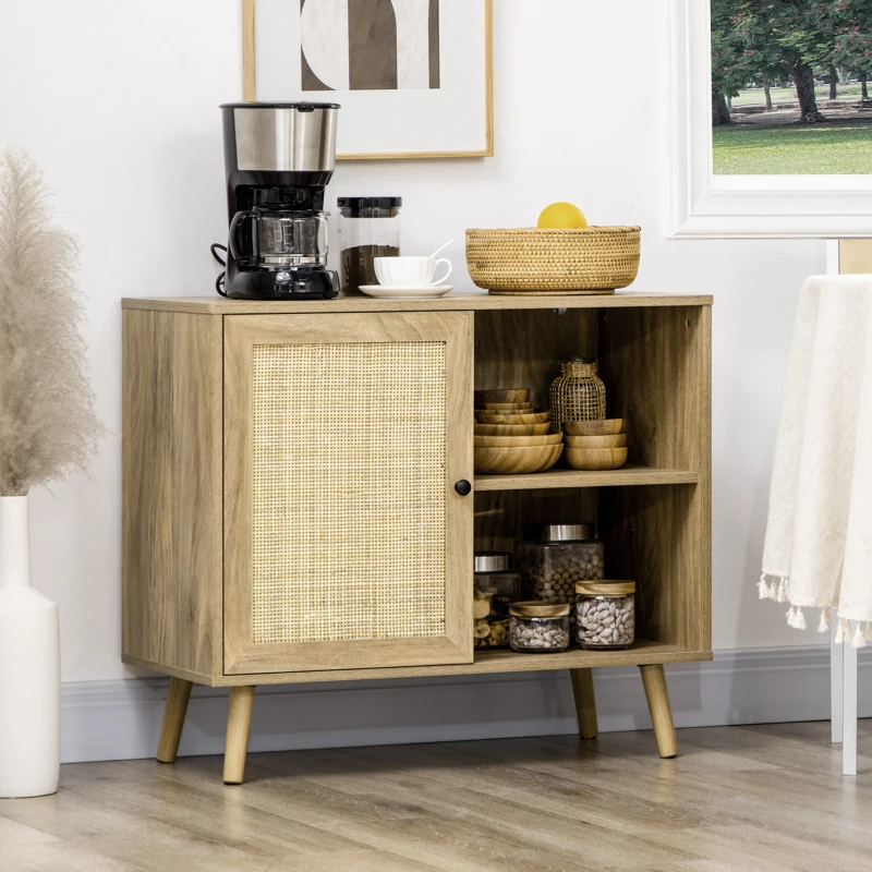 HOMCOM Aparador de Sala de Estar com Porta de Vime e 2 Prateleiras de Armazenamento para Sala de Estar 80x39x70cm Madeira