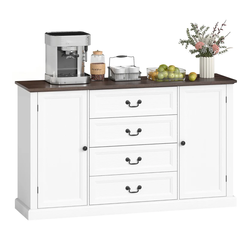 HOMCOM Credență de Bucătărie, Mobilier de Bucătărie cu 4 Sertare Soft Close, Blat Gros, Bufet cu Rafturi Reglabile, Stil Rustic, pentru Sufragerie, Sala de Mese, 147x40x87 cm, Alb