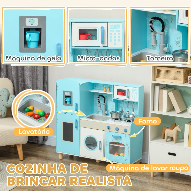AIYAPLAY Cozinha de Madeira para Crianças com Sons Fogão Forno Micro-Ondas Máquina de Gelo e Acessórios 90x33,3x91,6 cm Azul