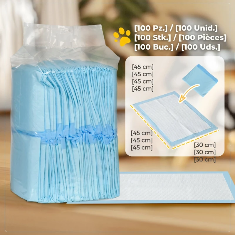 PawHut Set 100 Covorașe Igienice pentru Câini, din Material Netesut, Hârtie și PE, 6 Straturi, 45x30 cm, Albastru și Alb