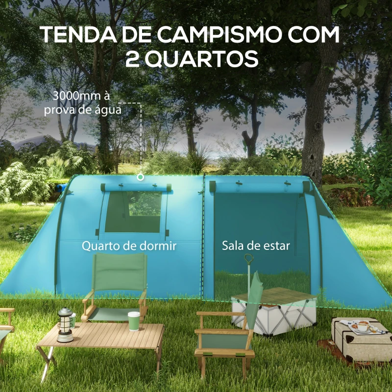 Outsunny Tenda de Campismo para 3 Pessoas com Janelas Gancho Saco de Transporte Impermeável 3000 mm 470x220x150 cm Azul Claro