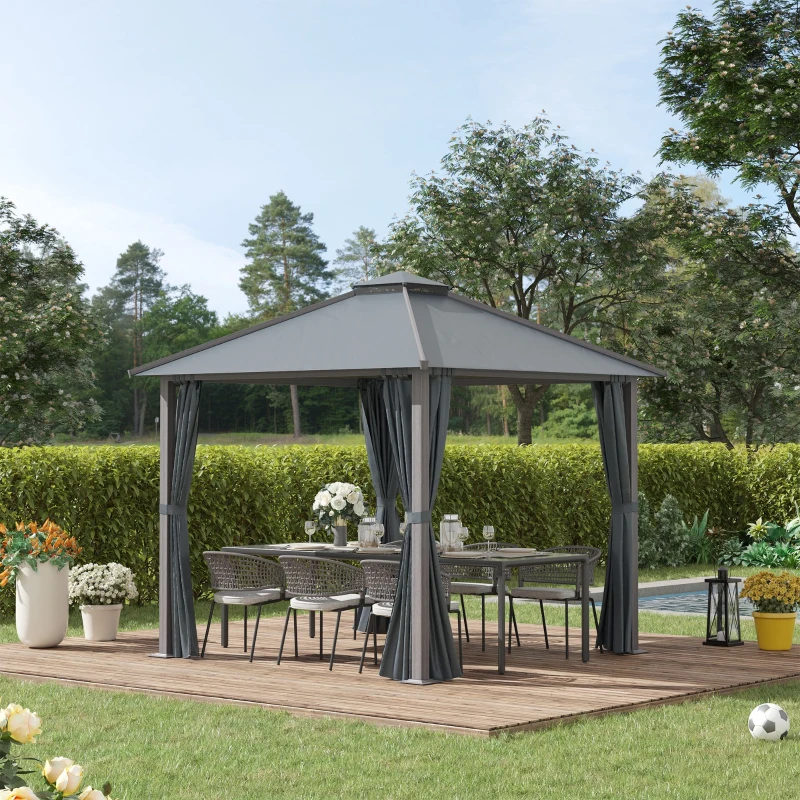 Outsunny Tonnelle de jardin pour terrasse avec 4 parois latérales double toit protection solaire 3 x 3 m gris