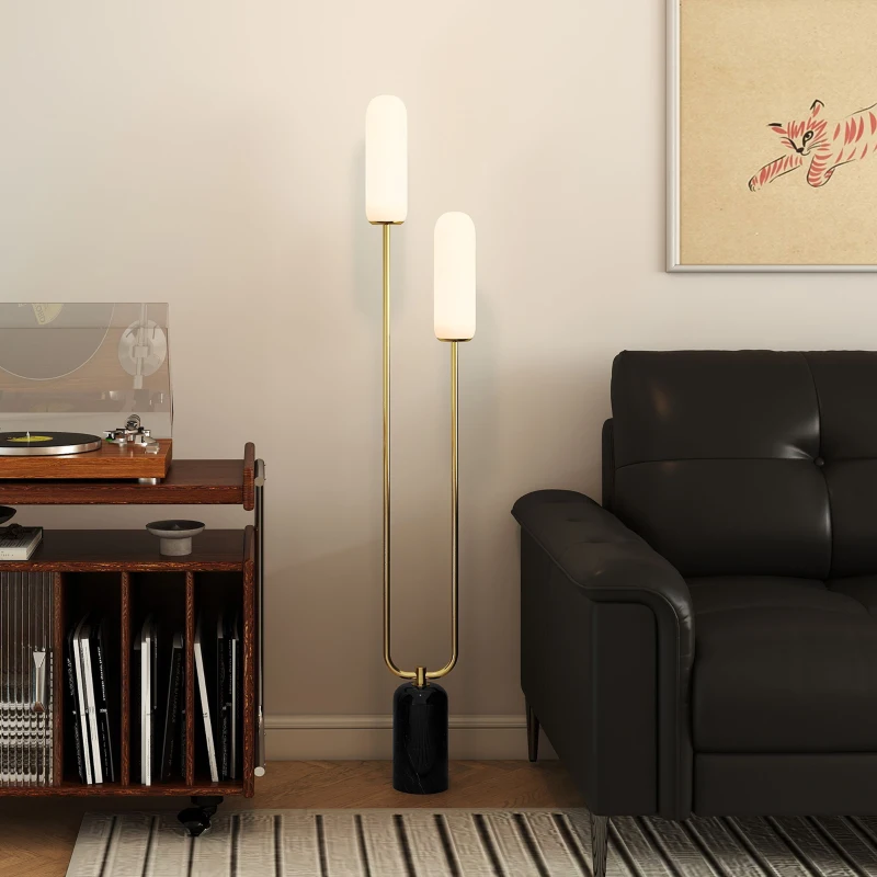 HOMCOM Lampadar în formă de U cu 2 Lumini și Întrerupător de Picior, Lampă de Podea din Sticlă și Oțel cu Bază de Marmură, 26x12x150 cm, Alb Negru și Auriu
