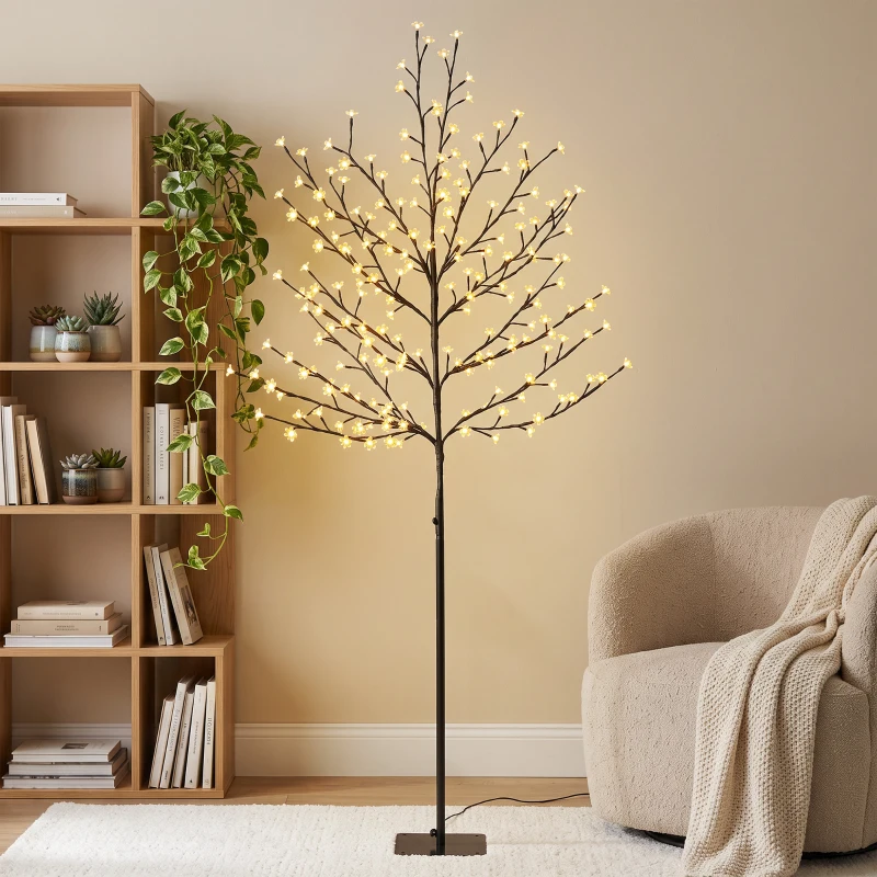 HOMCOM Arbre lumineux 180cm Cerisier Artificiel Lumineux  200 LED et 20 Branches Flexibles, Décoration Intérieure et Extérieure