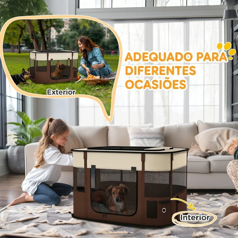 PawHut Parque Dobrável Portátil para Cães e Gatos, Cachorros, Coelhos e Porquinhos-da-Índia, Tecido Oxford, 84x64x53 cm, Castanho