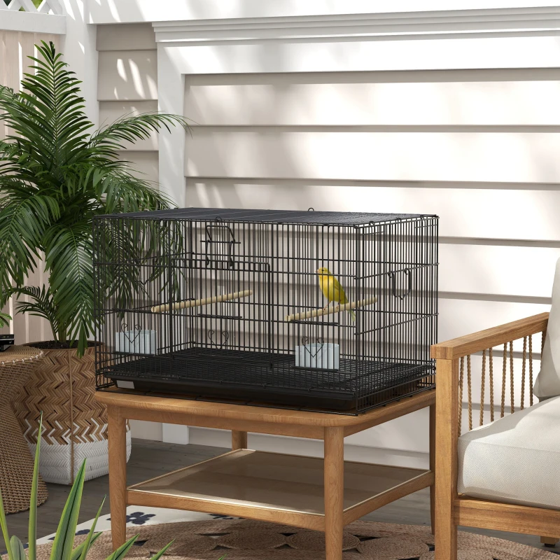 PawHut Gaiola para Pássaros 77x46x45 cm Gaiola de Metal para Pássaros com Bandeja Amovível 2 Poleiros e 2 Comedouros Preto