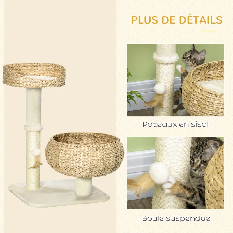 PawHut Arbre à chat griffoir 2 niveaux hauteur 72 cm poteau sisal avec niche et plateforme 1 balle suspendue