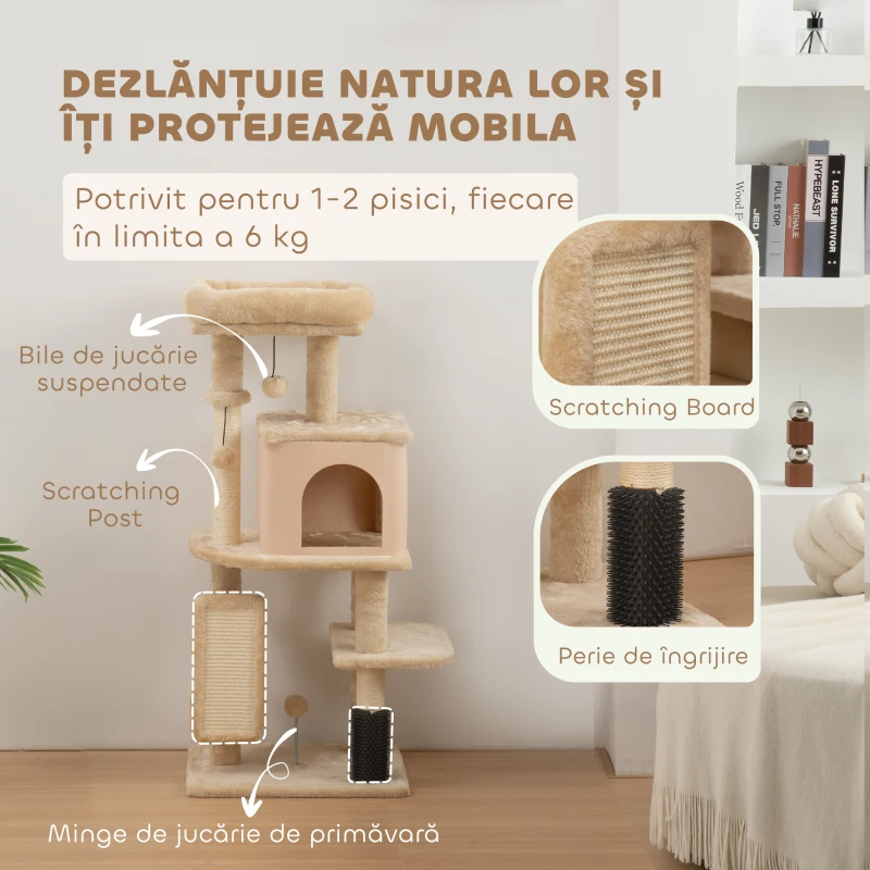PawHut Arbore pentru Pisici Multinivel Înalt de 132 cm cu Căsuță, Pat, Stâlpi pentru Zgâriere, Perie și Minge, Bej