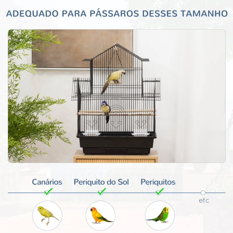PawHut Gaiola para Pássaros de Metal com Bandeja Amovível 2 Comedouros e Poleiros 50,5x41x63cm Preto