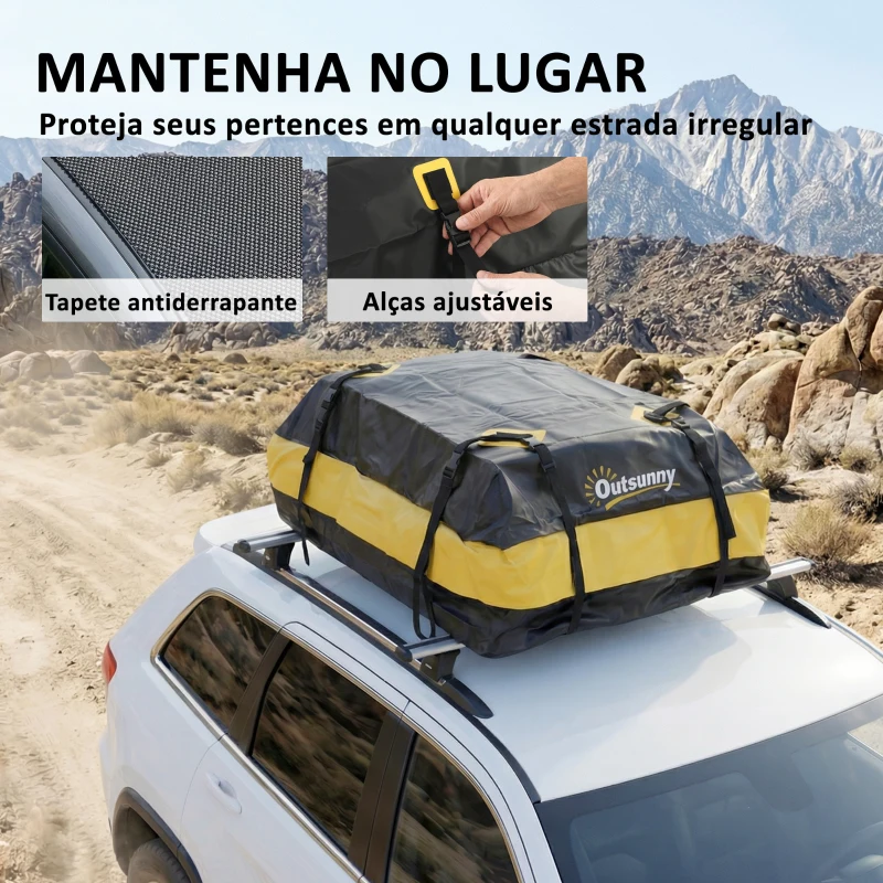 Outsunny Bolsa de Teto para Carro 425L Impermeável com 8 Correias, Tapete Antiderrapante e Ganchos para Veículos Preto e Amarelo