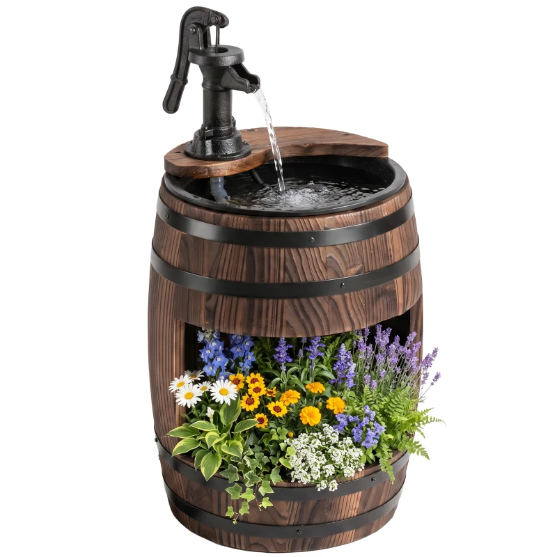 Outsunny Gartenbrunnen Zierbrunnen Springbrunnen Fassbrunnen Wasserfall Holzfass mit Pflanzgefäß Tannenholz Dunkelbraun Ø27 x 59 cm
