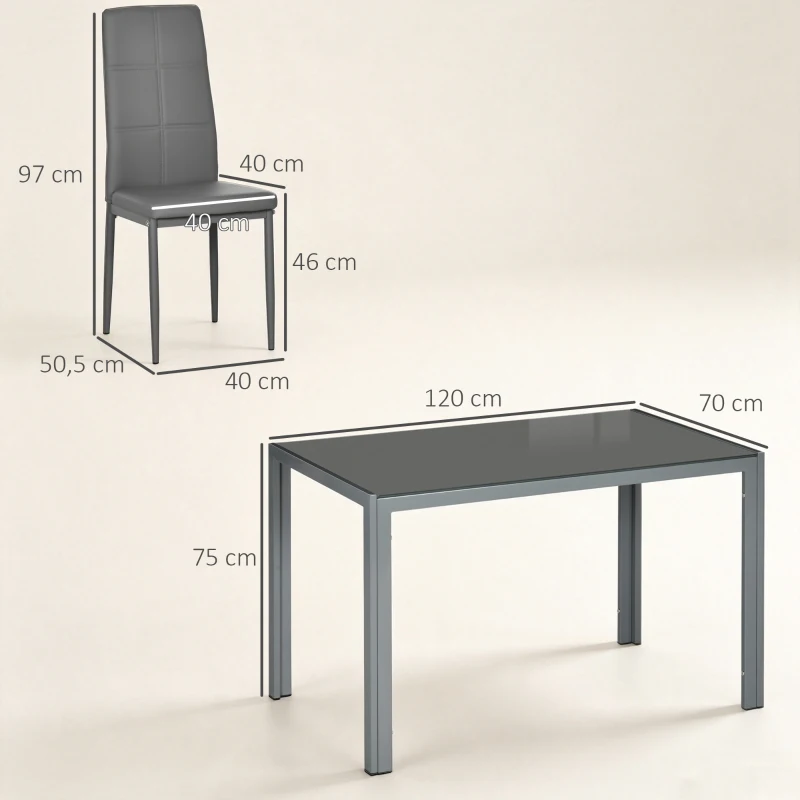HOMCOM Conjunto de Sala de Jantar 5 Peças com Mesa Retangular de Vidro Temperado e 4 Cadeiras em PU Cinzento