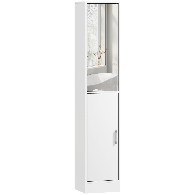 kleankin Mobile Colonna Bagno in Legno a 5 Ripiani con Anta a Specchio Apribile, 32x28x162 cm, Bianco