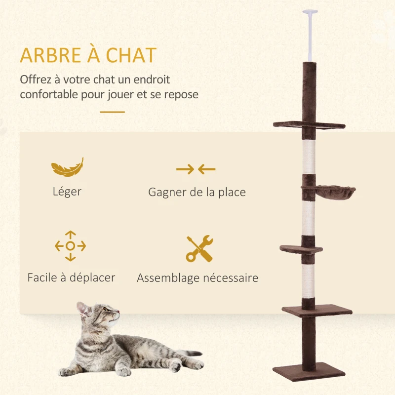 PawHut Arbre chat du sol au plafond poteau à griffer L40 x l 34 x H 230-260 cm 5 niveaux d'activités marron