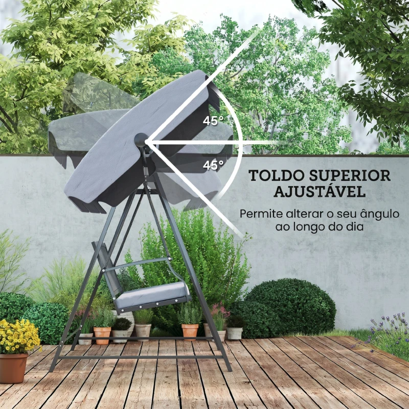 Outsunny Baloiço de Jardim para 3 Pessoas Banco Baloiço com Toldo Ajustável Almofada e Estrutura de Aço 205x133x181 cm Cinzento