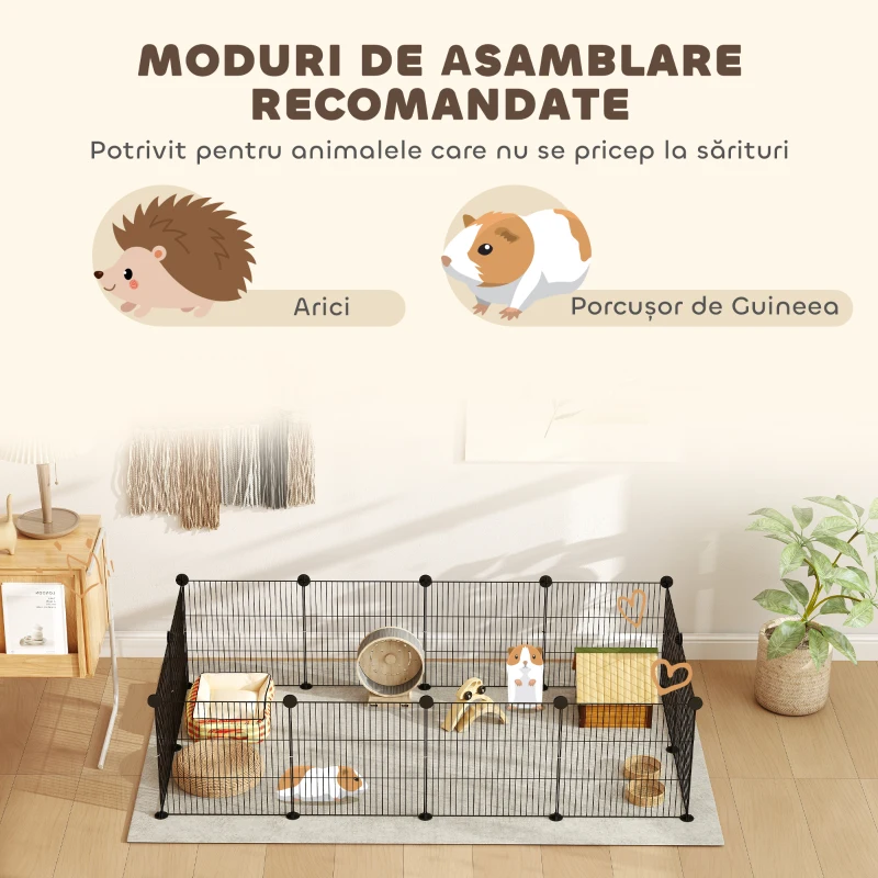PawHut Țarc modular pentru animale cu 12 panouri de 35x35 cm și margini rotunjite, din metal și ABS, 140x70x35 cm, negru