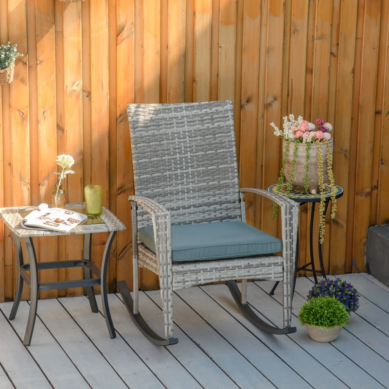 Outsunny Schaukelstuhl Schwingsessel Gartenstuhl mit Kissen, Polyrattan+Metall, Grau, 66 x 88 x 98 cm