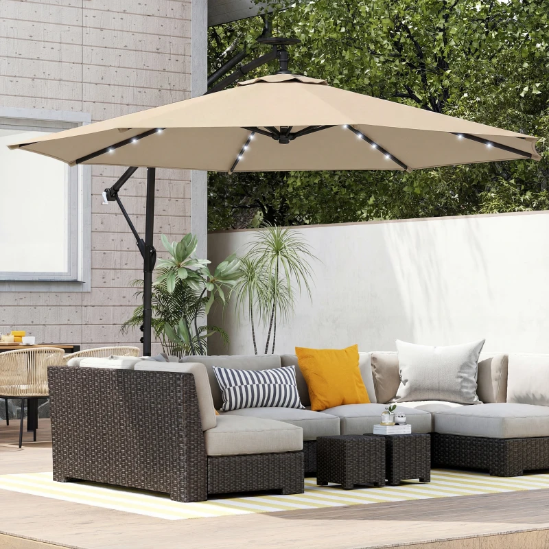 Outsunny Ampelschirm LED Solar ca. Ø300 cm Drehbar Sonnenschirm mit Kurbel Ständer Schutzhülle Beige