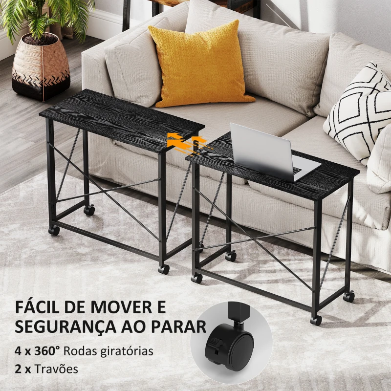 HOMCOM Secretária Dobrável com Rodas Mesa de Secretária Compacta Portátil para Espaços Pequenos 80x40x75 cm Preto