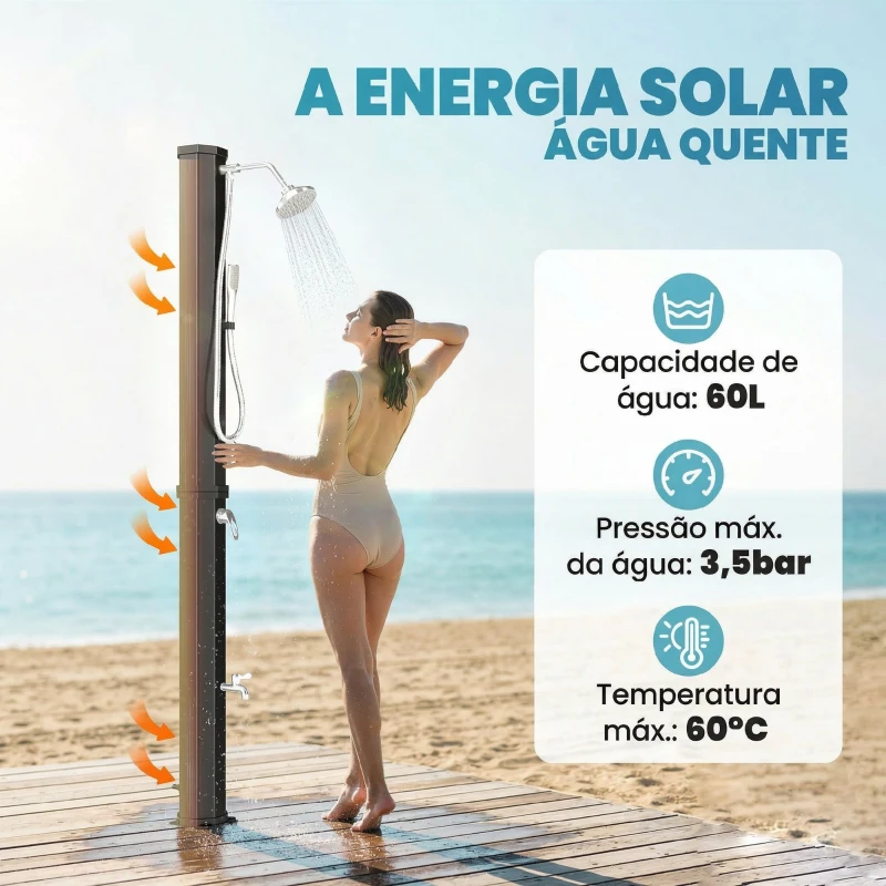 Outsunny Duche Solar de Jardim 60 L com Chuveiro de Mão Torneira para Pés Água Fria e Quente até 60 °C Ligação a Mangueira 21,8x18,2x227 cm Preto