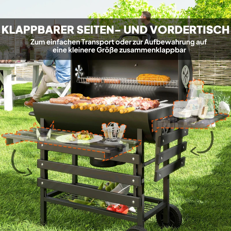Outsunny Holzkohlegrill aus Stahl BBQ Smoker mit Deckel Griffe Thermometer Räder fahrbar 114 x 65 x 95 cm