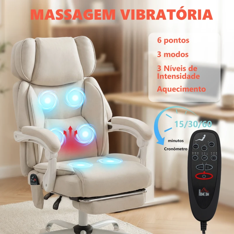 HOMCOM Cadeira de Escritório Reclinável com Massagem Vibratória de 6 Pontos Aquecimento Lombar Apoio de Cabeça Ajustável Apoio para os Pés Creme